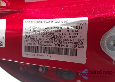 2021 Honda Accord Lx z USA, uszkodzony, nr VIN 1HGCV1F15MA014367